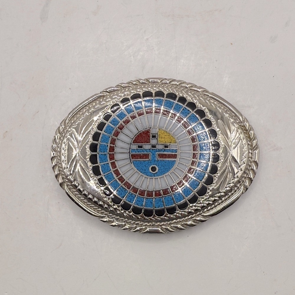 Vintage 1988 Handcrafted SSI Oval Belt Buckle Inlayed Gemstones Southwestern